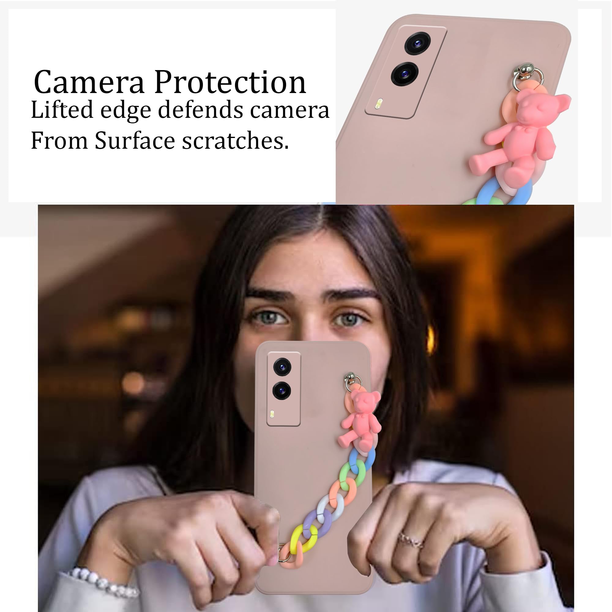 For Vivo V21e 5G Back Cover Girls Case with Bracelet (Wrist Hanging Chain | Teddy Toy Cartoon | Matte Pink)