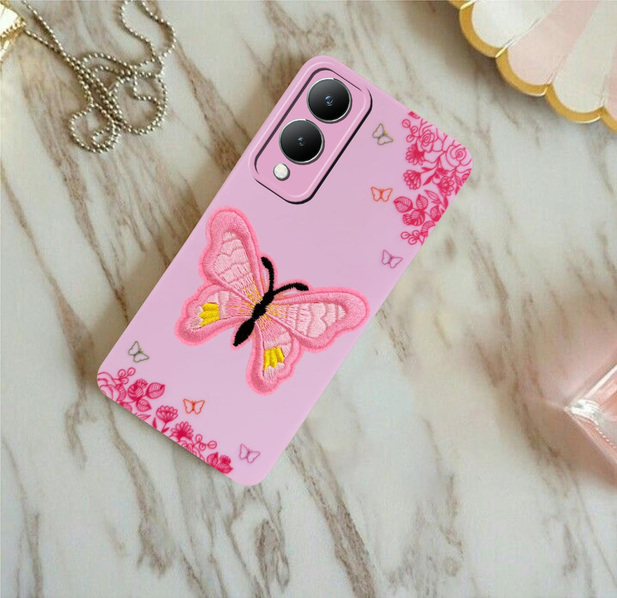 For Vivo Y17s Back Cover Case (Soft Butterfly Embroidery | Women Teen Girls | Camera Protection| Matte Silicone)