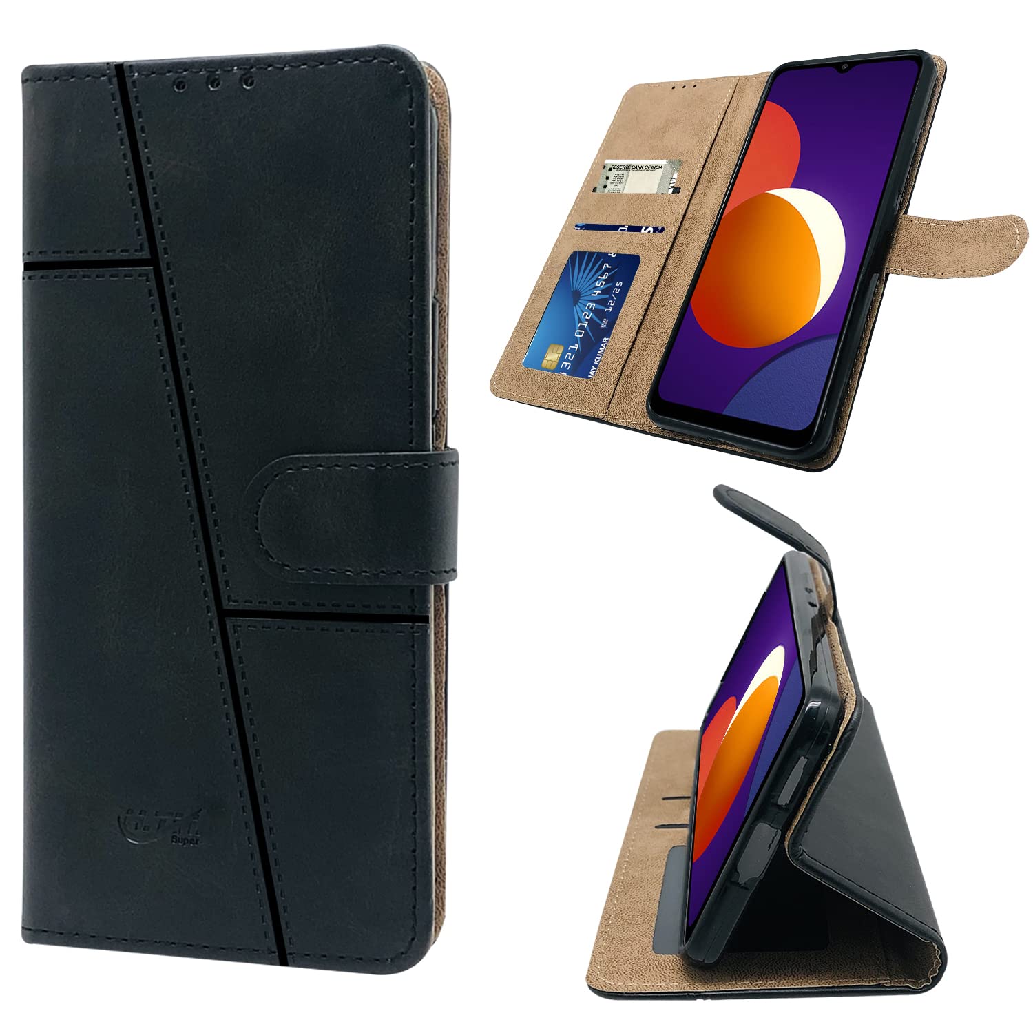 For Samsung Galaxy M12 F12 Flip Cover Case (Stitched Leather - Main Image