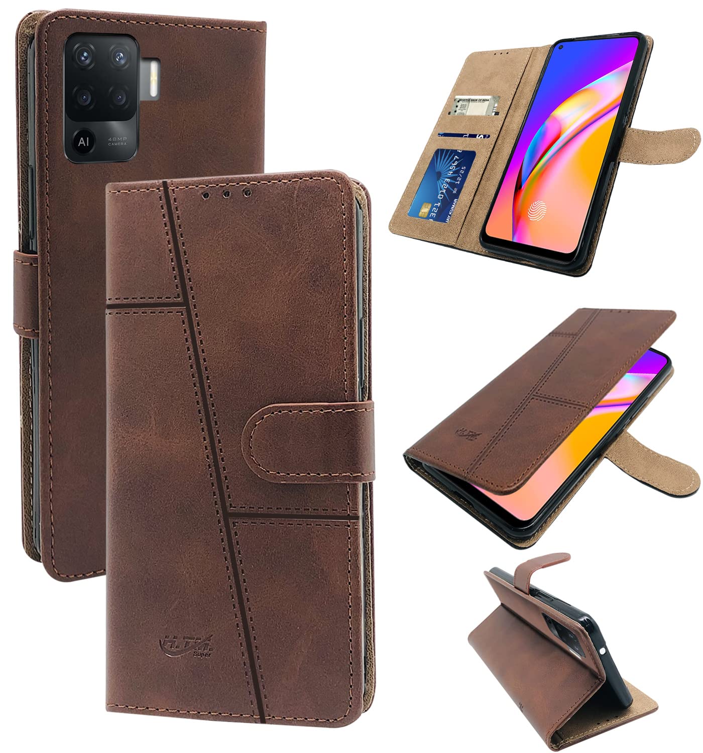 For Oppo Reno5 Lite | Reno 5 Lite Flip Cover Case (Stitched Leather Finish | Magnetic Closure | Inner TPU | Foldable Stand | Wallet Card Slots)