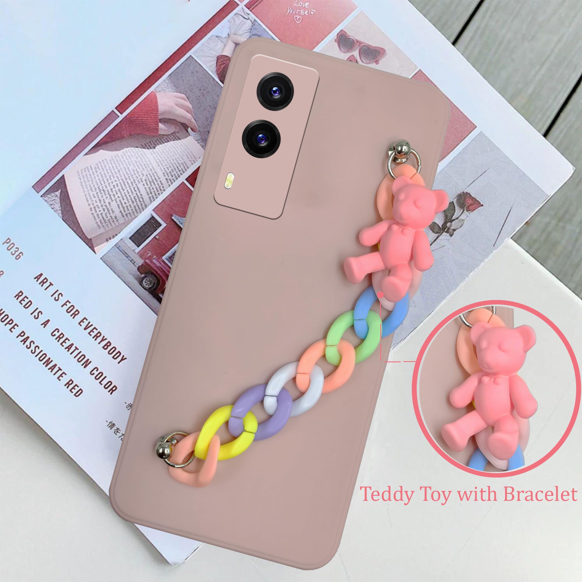 For Vivo V21e 5G Back Cover Girls Case with Bracelet (Wrist Hanging Chain | Teddy Toy Cartoon | Matte Pink)