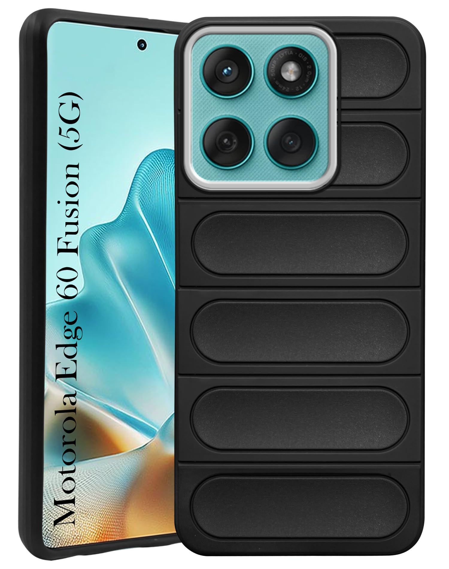 For Motorola Moto Edge 60 Fusion Back Cover Case (Camera Lens Glass | Metal Stand Holder | Shockproof Hybrid | Anti Yellow | Black)
