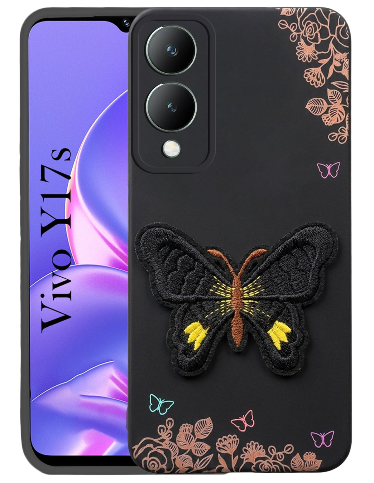 For Vivo Y17s Back Cover Case (Soft Butterfly Embroidery | Women Teen Girls | Camera Protection| Matte Silicone)