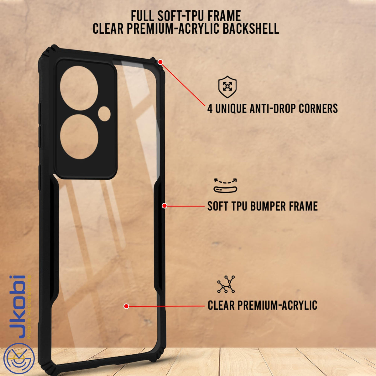 For Oppo F25 Pro 5G Back Cover Case Hybrid (Shockproof with Polycarbonate Clear Panel | Professional Black)