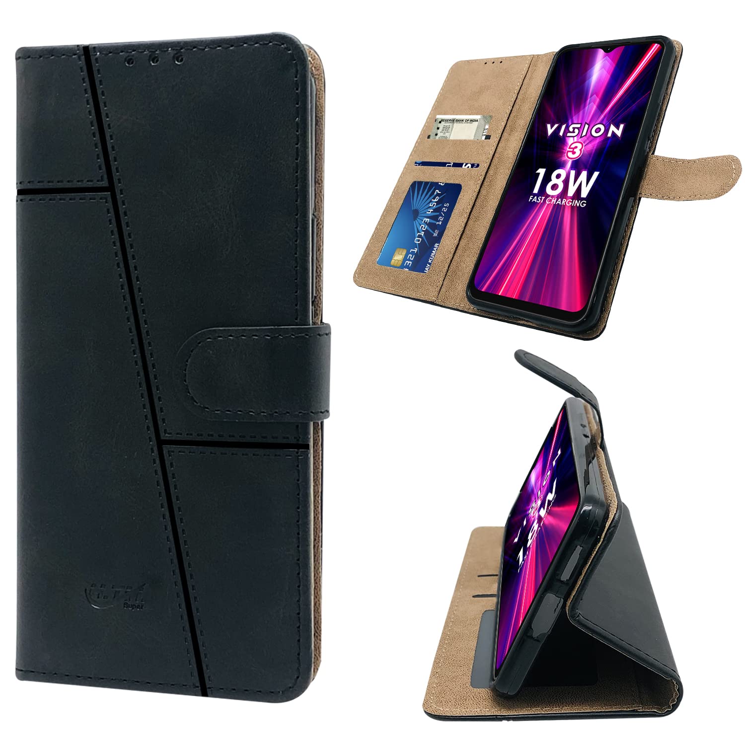 For Itel Vision 3 Flip Cover Case  (Stitched Leather Finish | Magnetic Closure | Inner TPU | Foldable Stand | Wallet Card Slots | Black)