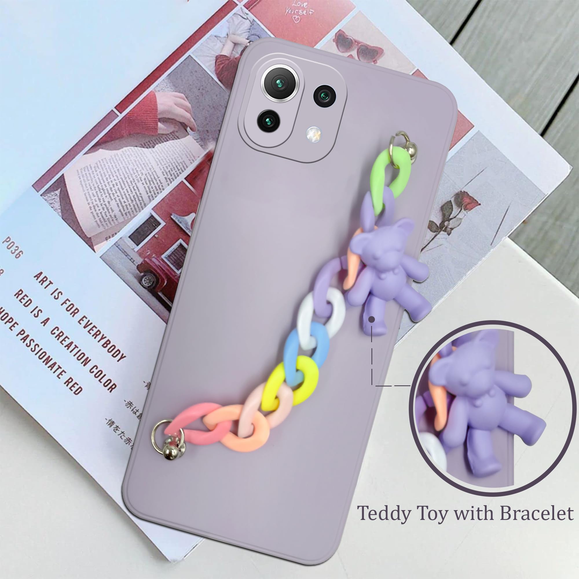 For Xiaomi 11 Lite 5G NE Back Cover Girls Case with Bracelet (Wrist Hanging Chain | Teddy Toy Cartoon)