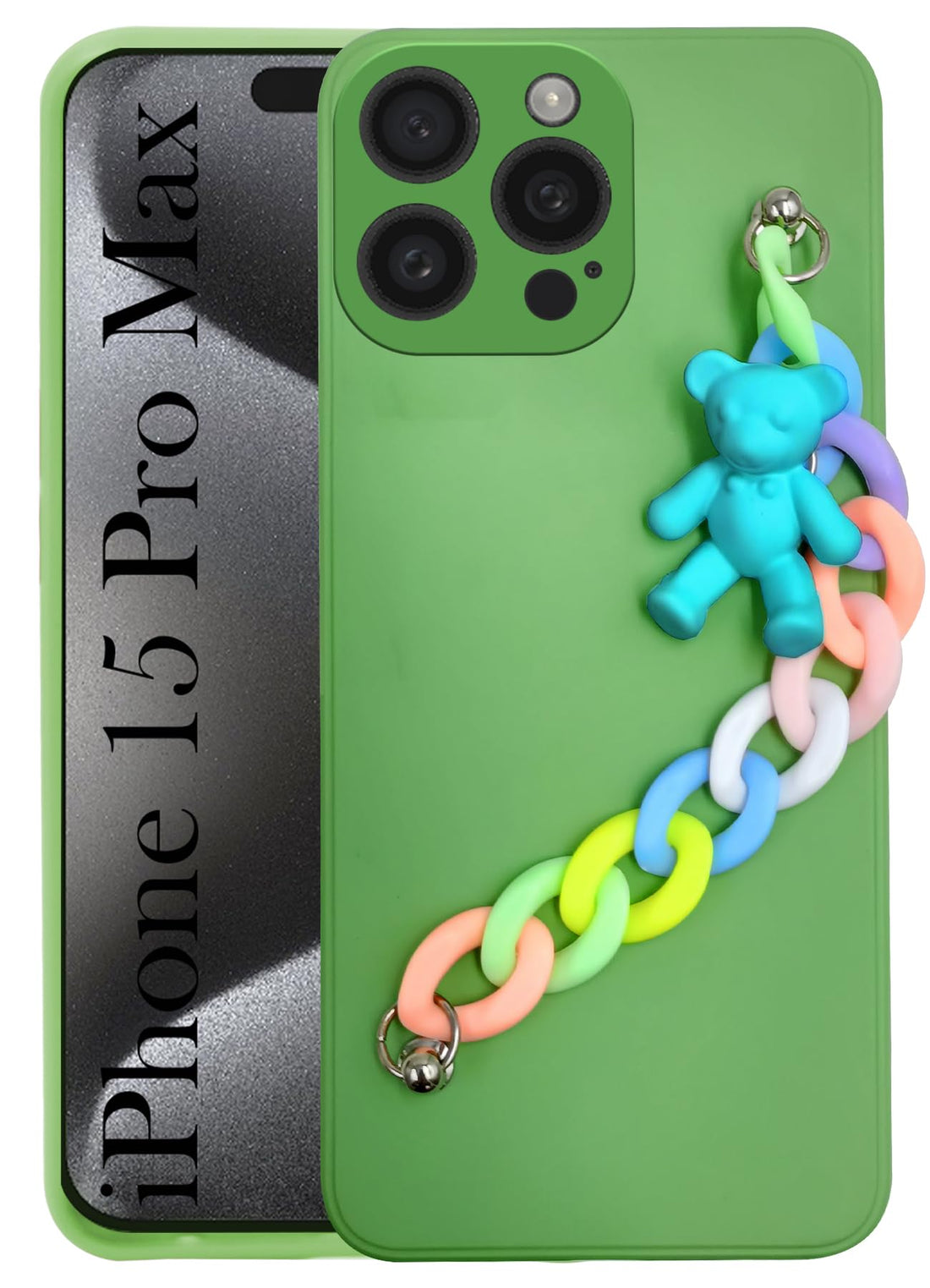 For iPhone 15 Pro Max Back Cover for Girls Case with Bracelet (Wrist Hanging Chain | Teddy Toy Cartoon)