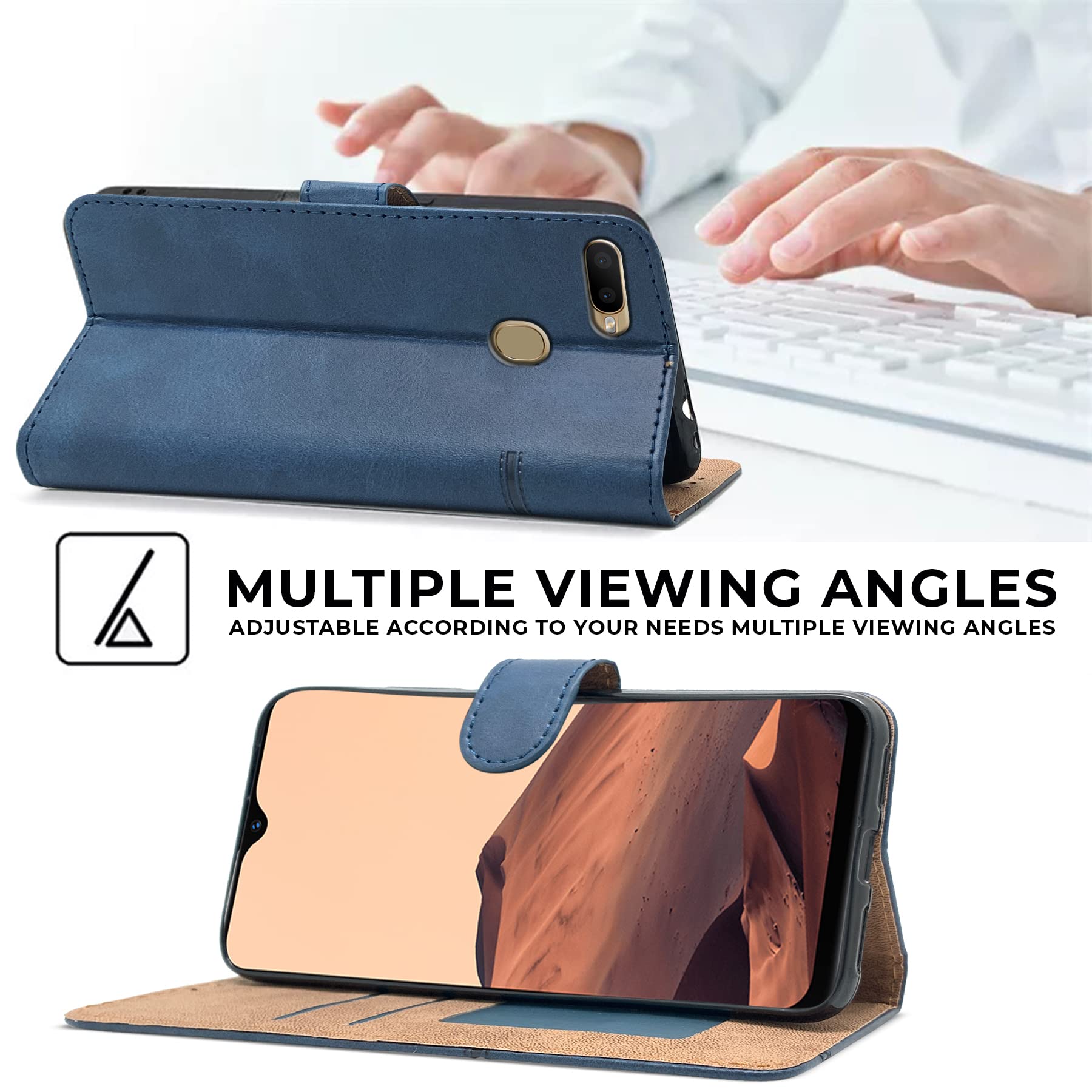 For Realme 2 Flip Cover Case (Stitched Leather Finish | Magnetic Closure | Inner TPU | Foldable Stand | Wallet Card Slots)