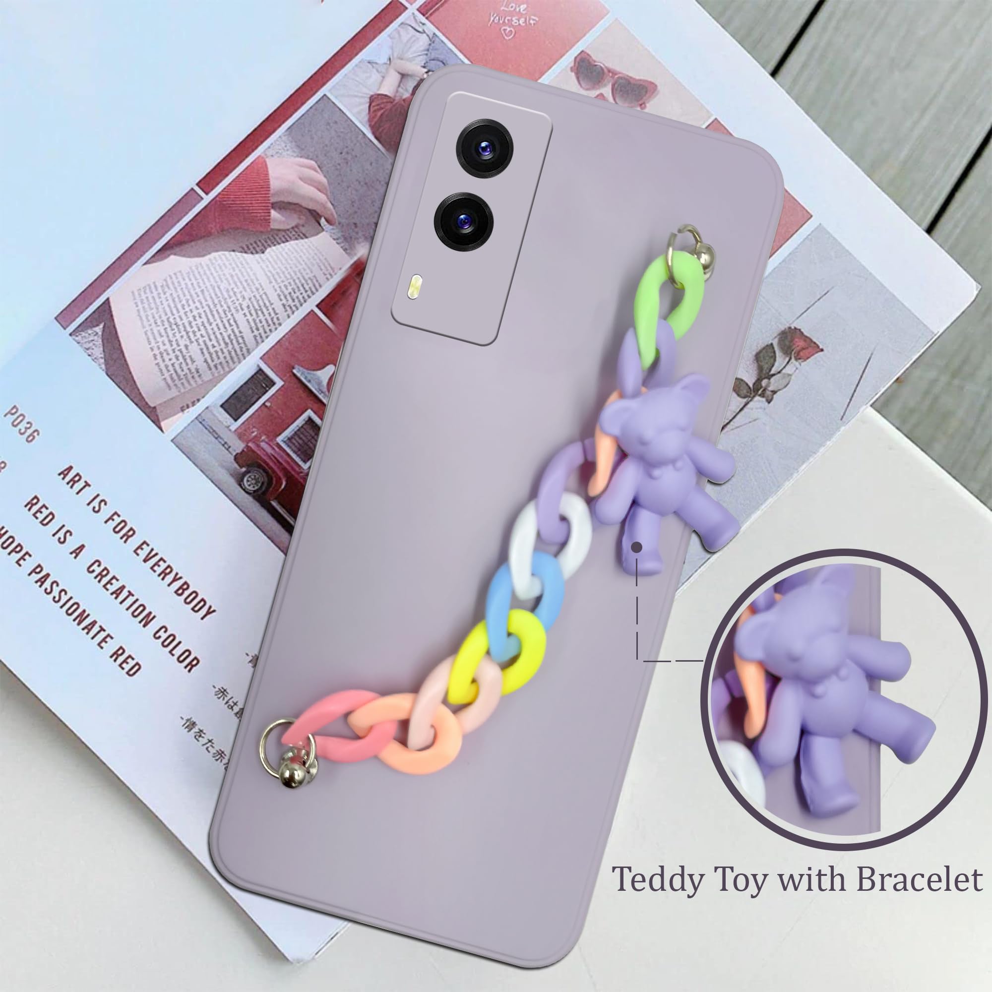For Vivo V21e 5G Back Cover Girls Case with Bracelet (Wrist Hanging Chain | Teddy Toy Cartoon | Matte Pink)