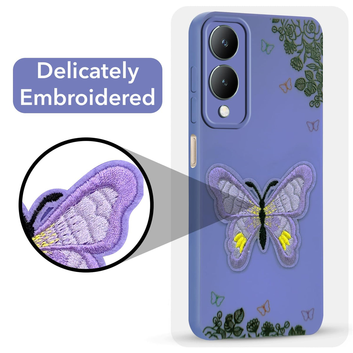 For Vivo Y17s Back Cover Case (Soft Butterfly Embroidery | Women Teen Girls | Camera Protection| Matte Silicone)