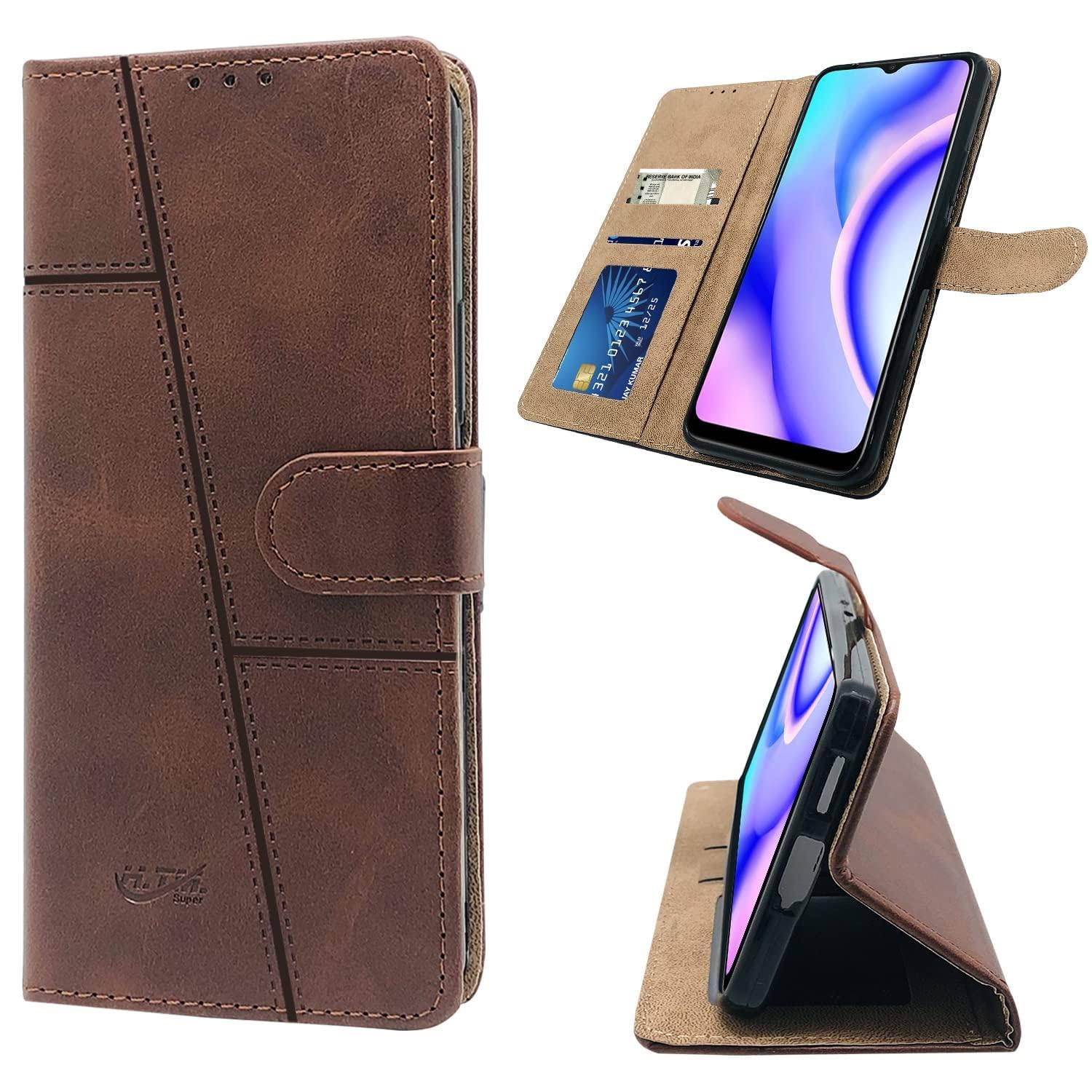 For Realme C15 Flip Cover Case (Stitched Leather Finish | Magnetic Closure | Inner TPU | Foldable Stand | Wallet Card Slots)