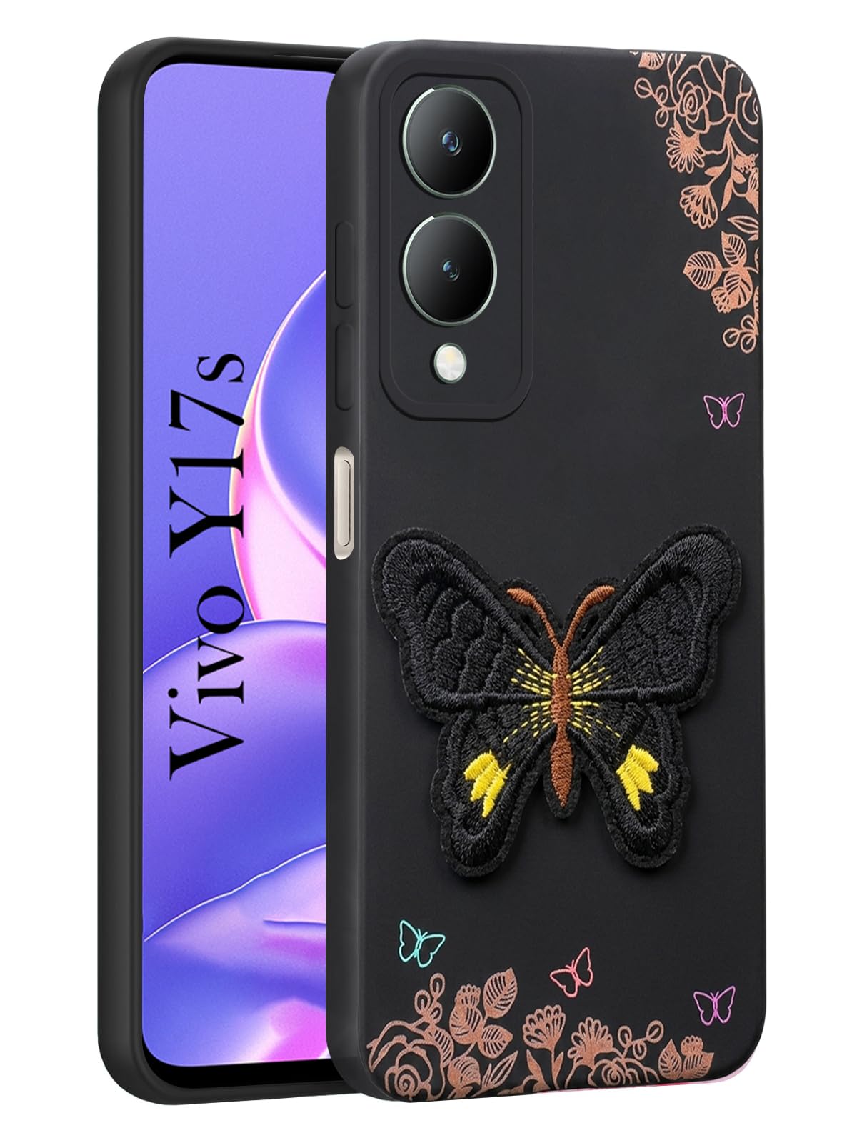 For Vivo Y17s Back Cover Case (Soft Butterfly Embroidery | Women Teen Girls | Camera Protection| Matte Silicone)