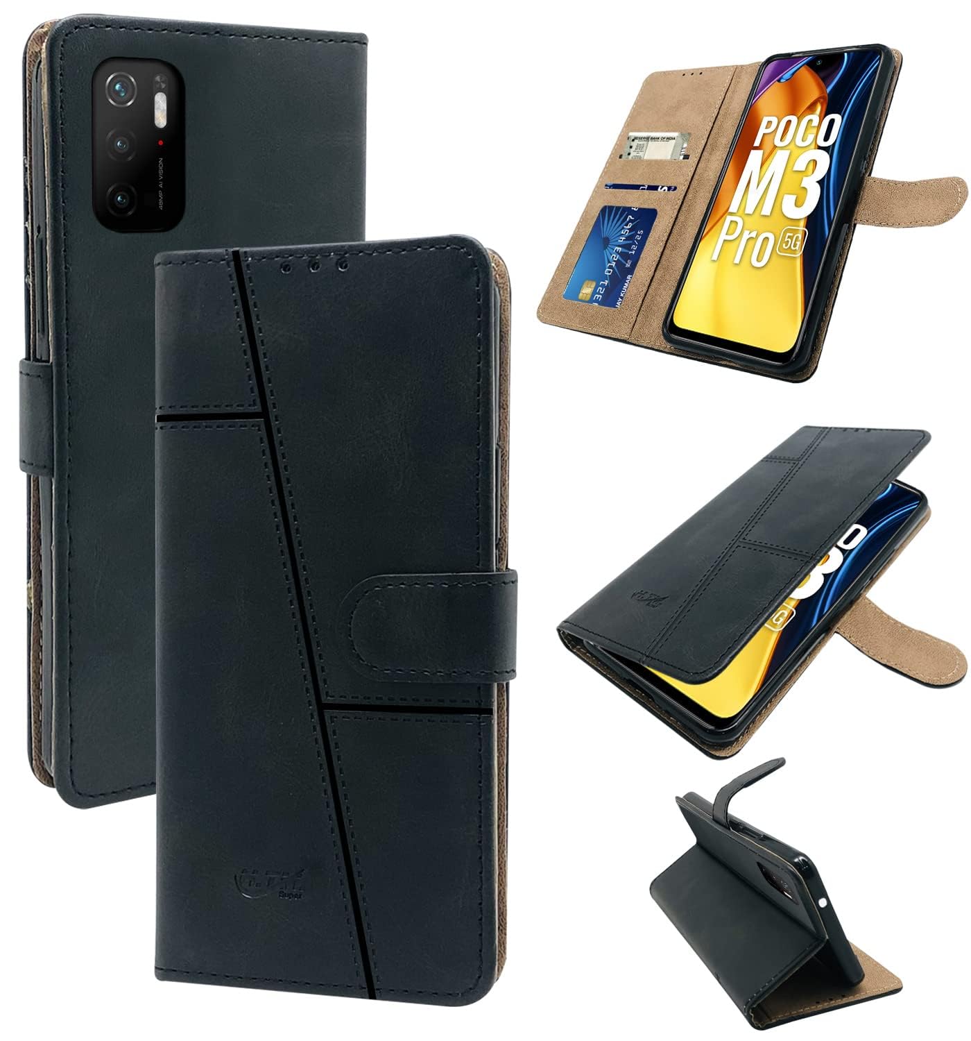 For Poco M3 Pro 5G Flip Cover Case (Stitched Leather with Magnetic Closure)