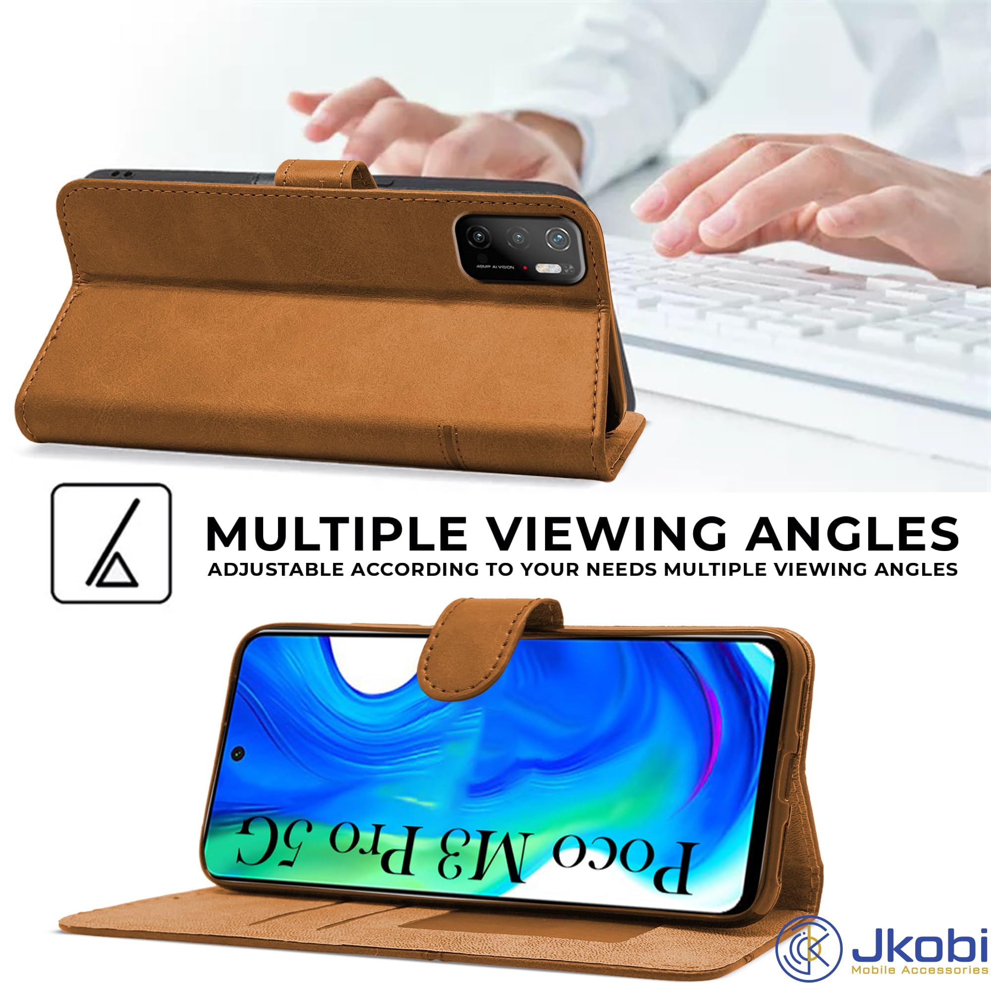 For Poco M3 Pro 5G Flip Cover Case (Stitched Leather with Magnetic Closure)