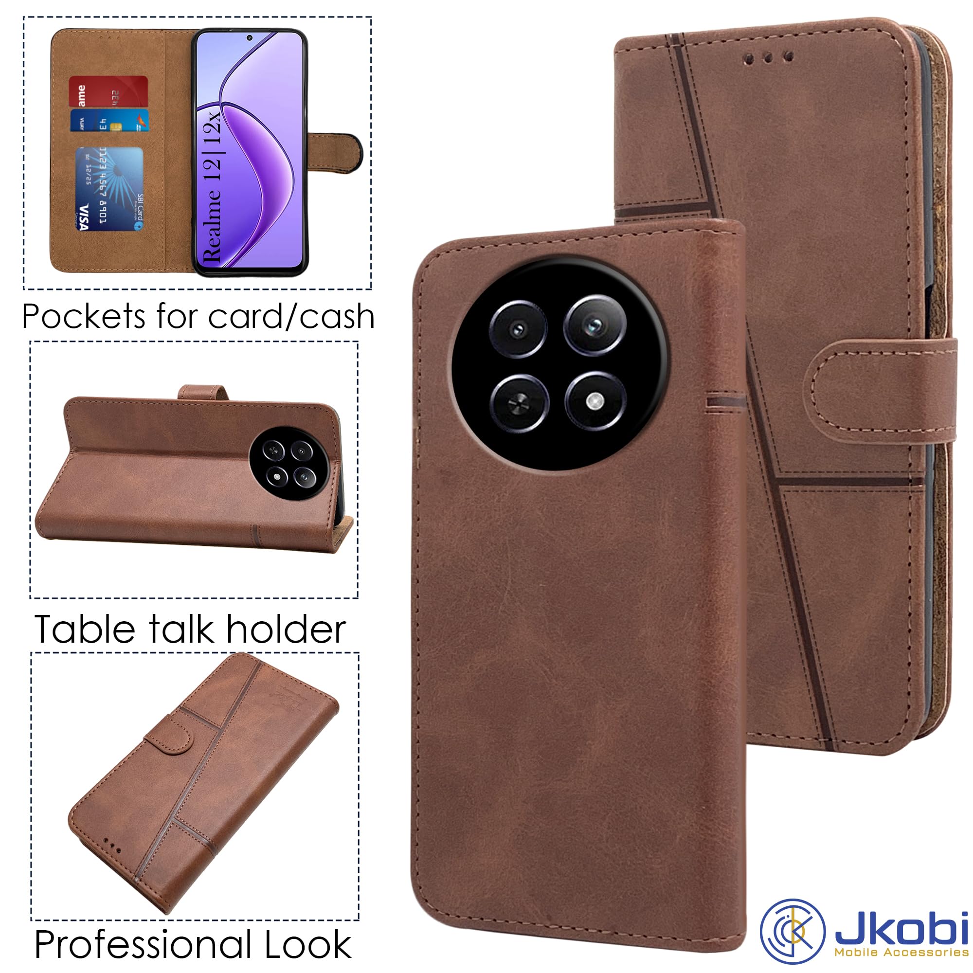 For Realme 12 | Realme 12X Flip Cover Case (Stitched Leather with Magnetic Closure)