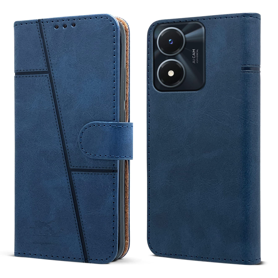 For Vivo Y02s Flip Cover Case (Stitched Leather Finish | Magnetic Closure | Inner TPU | Foldable Stand | Wallet Card Slots)