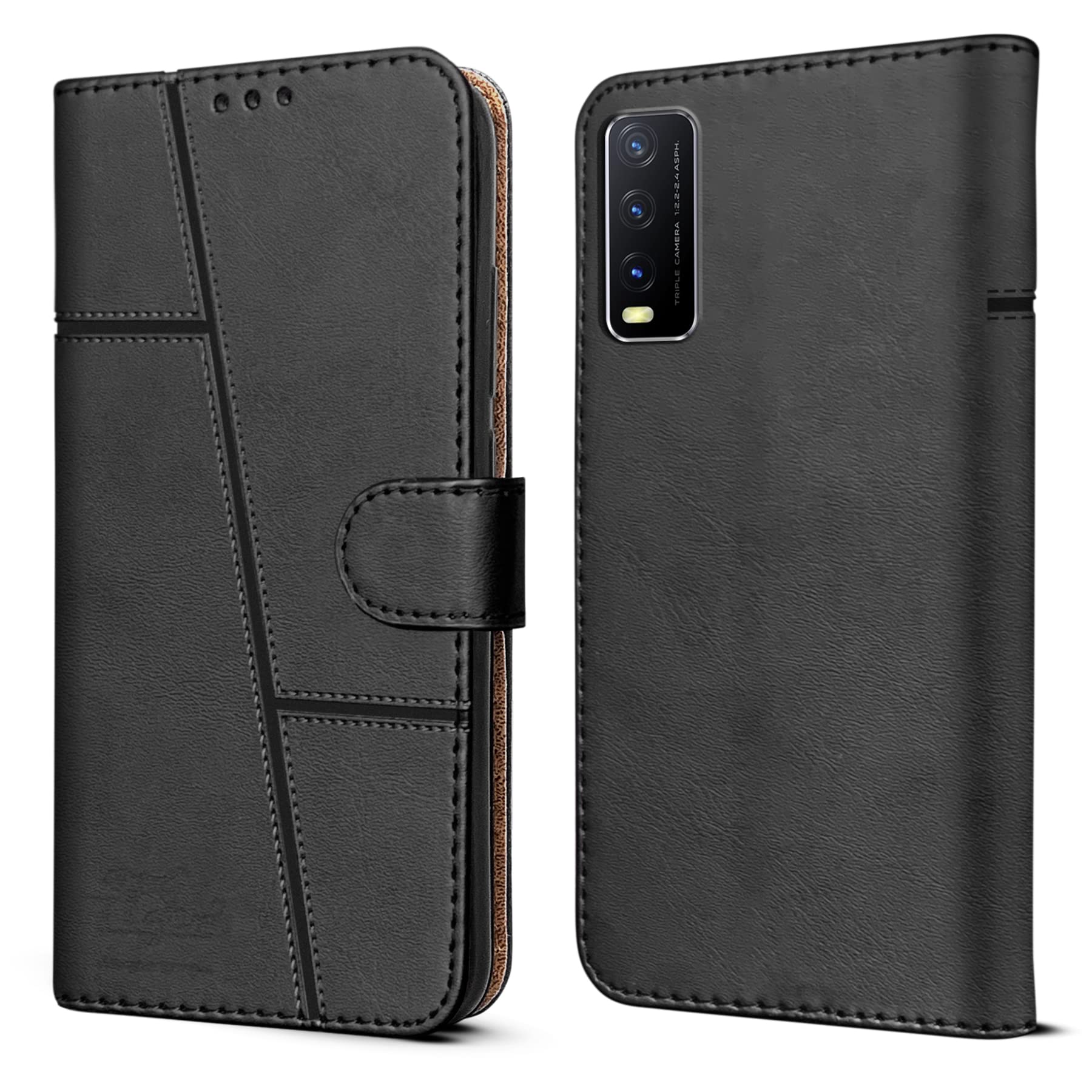 For Vivo Y20 | Y20i Flip Cover Case (Stitched Leather Finish | Magnetic Closure | Inner TPU | Foldable Stand | Wallet Card Slots)