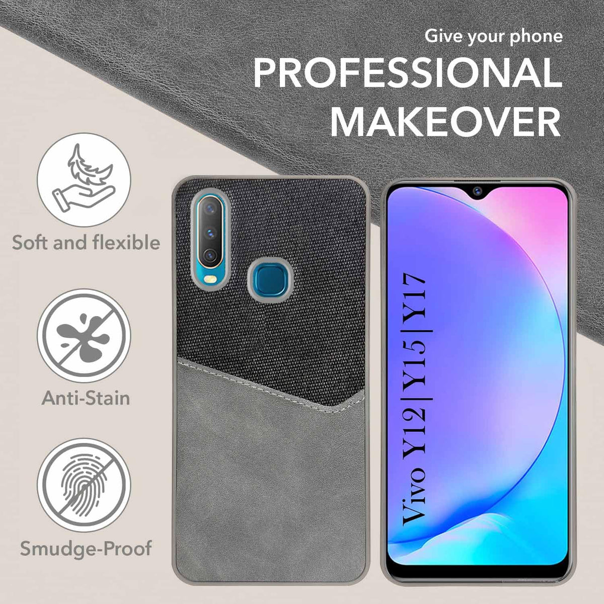 For Vivo Y12 | Y15 | Y17 Back Cover Case (Dual PU Leather Stitch | Professional Minimalist | Soft and Flexible)