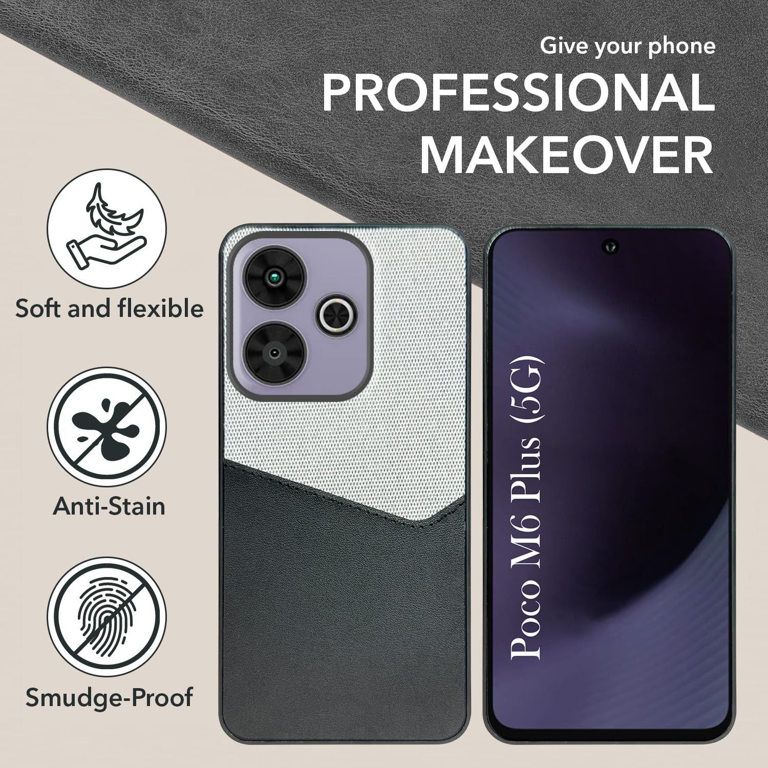 For Poco M6 Plus 5G Back Cover Case (Dual PU Leather Stitch | Professional Minimalist | Soft and Flexible)