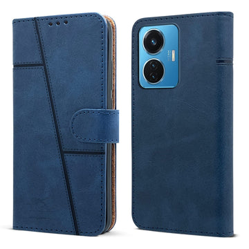For Vivo T1 44W Flip Cover Case (Stitched Leather Finish | Magnetic Closure | Inner TPU | Foldable Stand | Wallet Card Slots)