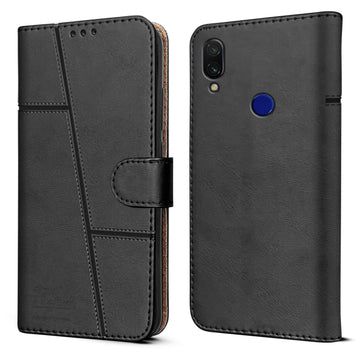 For Redmi 7 | Redmi Y3 Flip Cover Case (Stitched Leather Finish | Magnetic Closure | Wallet Card Slots)