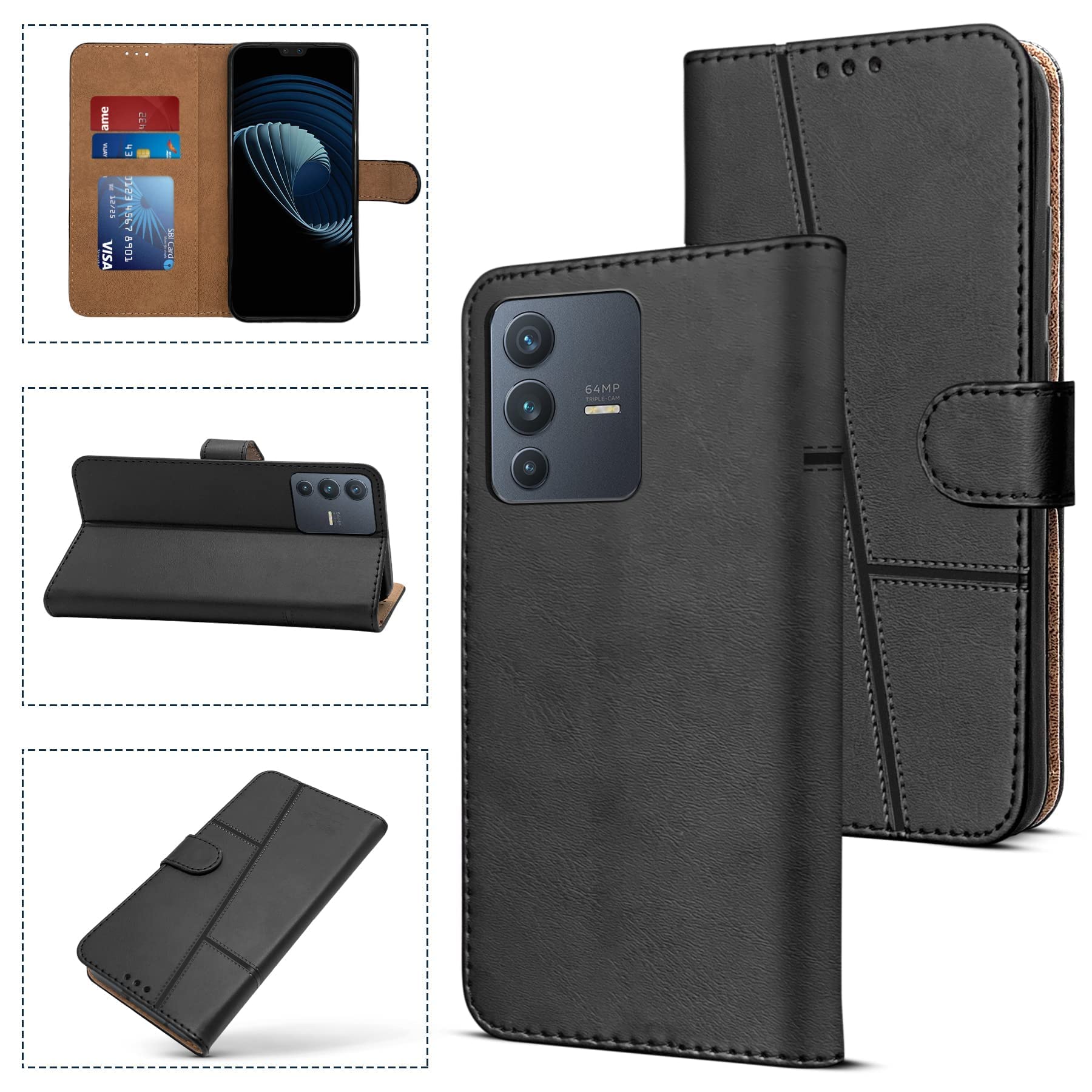For Vivo V23 5G Flip Cover Case (Stitched with Magnetic Closure)