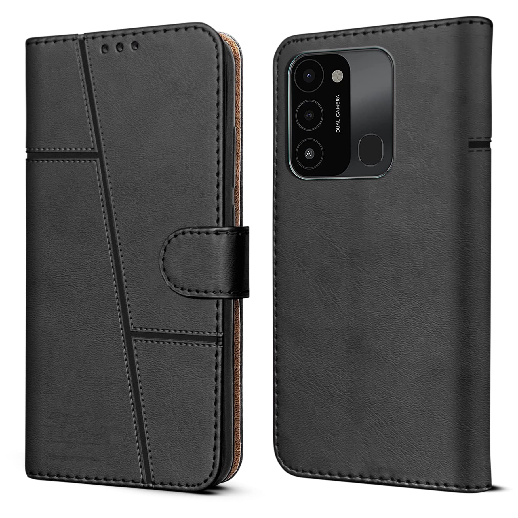 For Tecno Spark Go 2022 Flip Cover Case (Stitched Leather Finish | Magnetic Closure | Inner TPU | Foldable Stand | Wallet Card Slots)