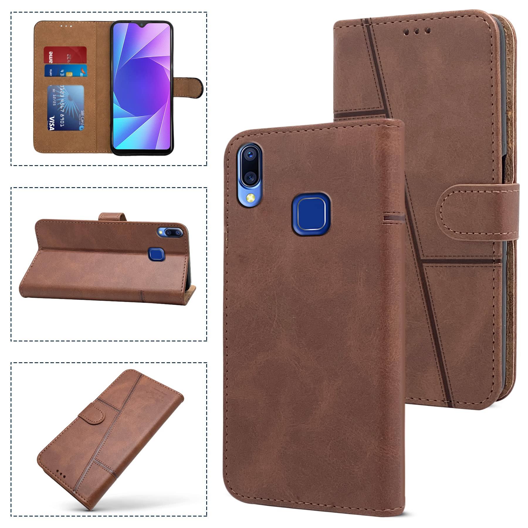For Vivo Y95 | Vivo Y93 | Vivo Y91 Flip Cover Case (Stitched Leather Finish | Magnetic Closure | Inner TPU | Foldable Stand | Wallet Card Slots)
