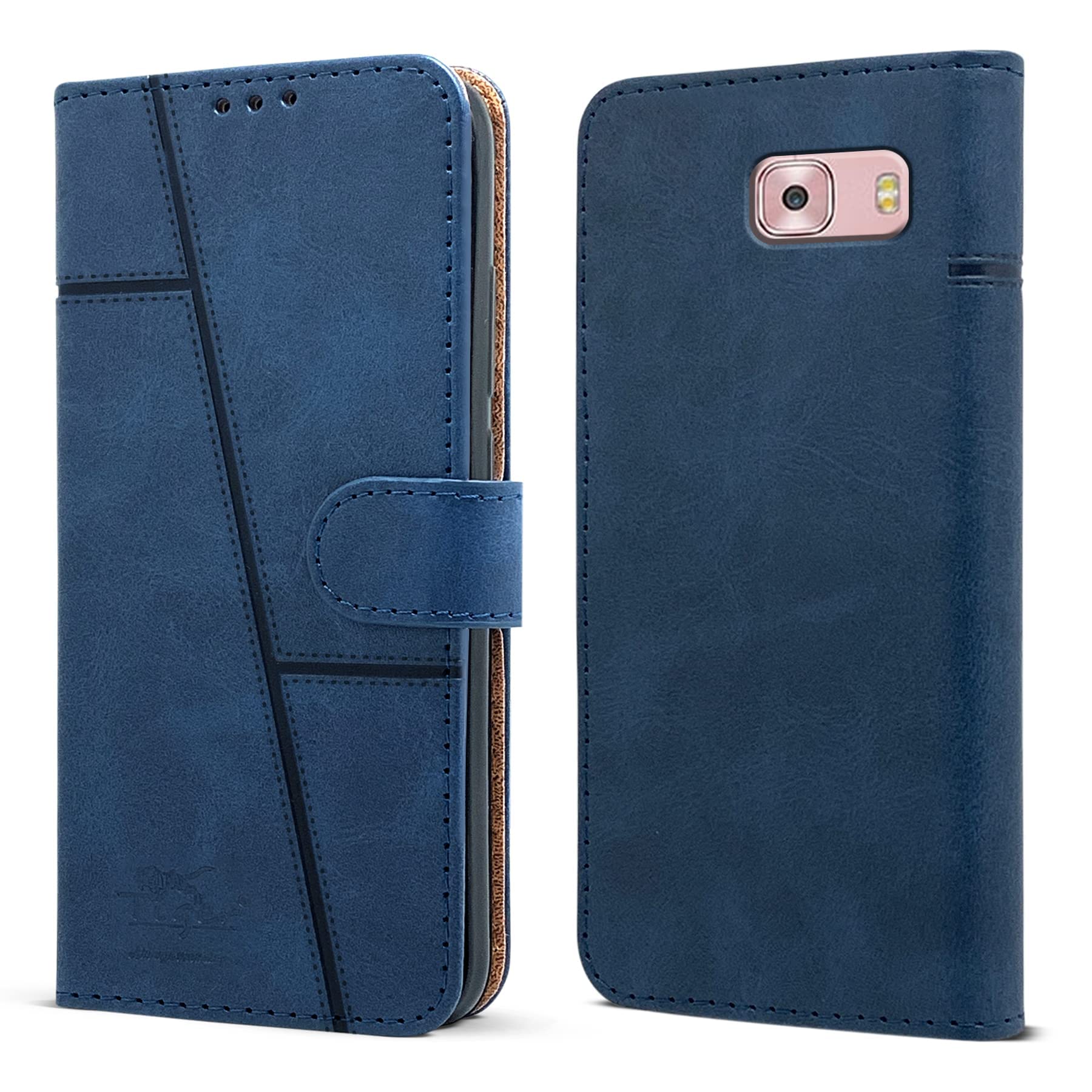 For Samsung Galaxy C9 Pro Flip Cover Case (Stitched Leather Magnetic  Closure Inner TPU Foldable Stand Wallet Card Slots Black) Stitch  Blue