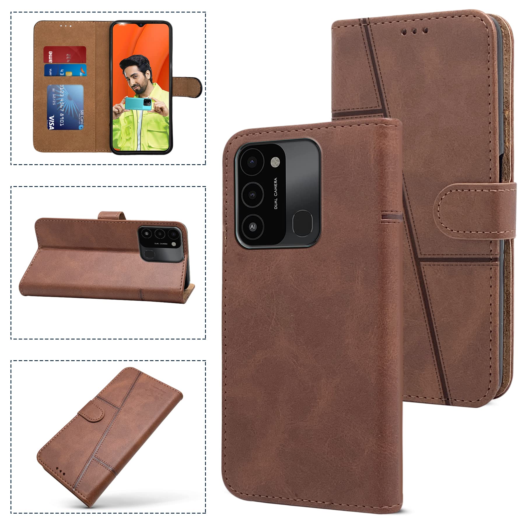For Tecno Spark Go 2022 Flip Cover Case (Stitched Leather Finish | Magnetic Closure | Inner TPU | Foldable Stand | Wallet Card Slots)