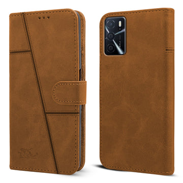 For Oppo A16 Flip Cover Case (Stitched Leather Finish | Magnetic Closure | Inner TPU | Foldable Stand | Wallet Card Slots)