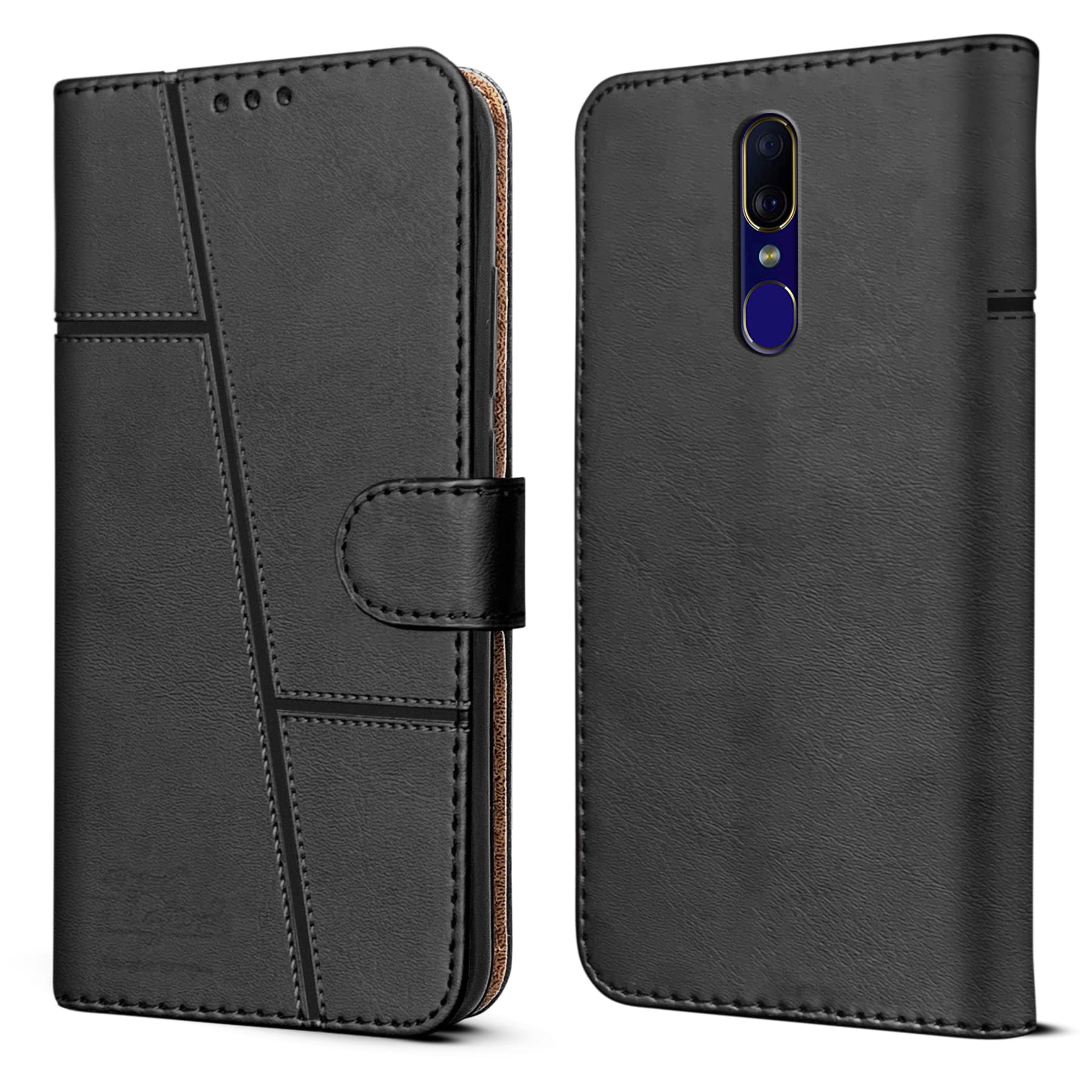 For Oppo F11 | Oppo A9 Flip Cover Case (Stitched Leather Finish | Magnetic Closure | Inner TPU | Foldable Stand | Wallet Card Slots)