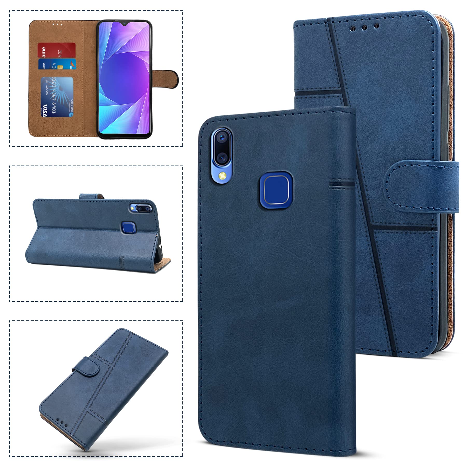 For Vivo Y95 | Vivo Y93 | Vivo Y91 Flip Cover Case (Stitched Leather Finish | Magnetic Closure | Inner TPU | Foldable Stand | Wallet Card Slots)