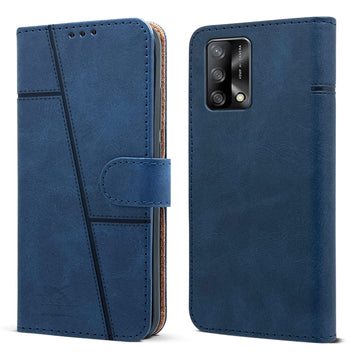 For Oppo F19 | F19s Flip Cover Case (Stitched Leather Finish | Magnetic Closure | Inner TPU | Foldable Stand | Wallet Card Slots)