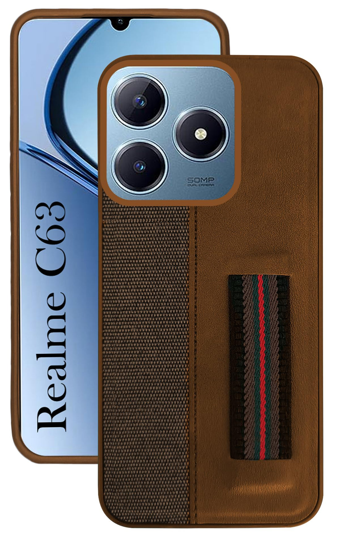 For Realme C63 Back Cover Case ( Professional PU Leather | Strip Chain Holder Socket)