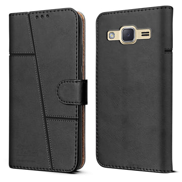 For Samsung Galaxy J2 2015 Flip Cover Case (Stitched Leather with Magnetic Closure)