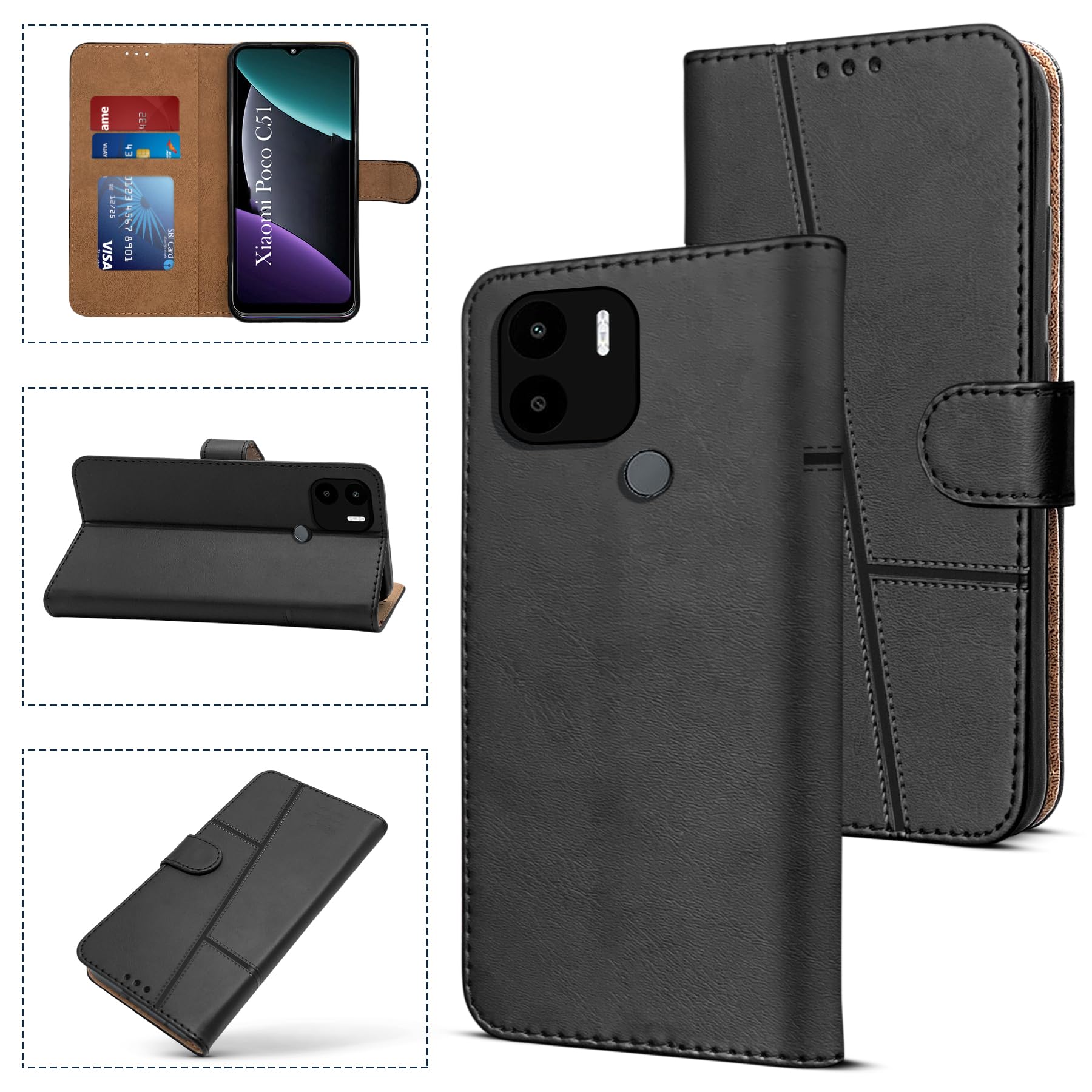 For Xiaomi Poco C51 Flip Cover Case (Stitched Leather with Magnetic Closure)