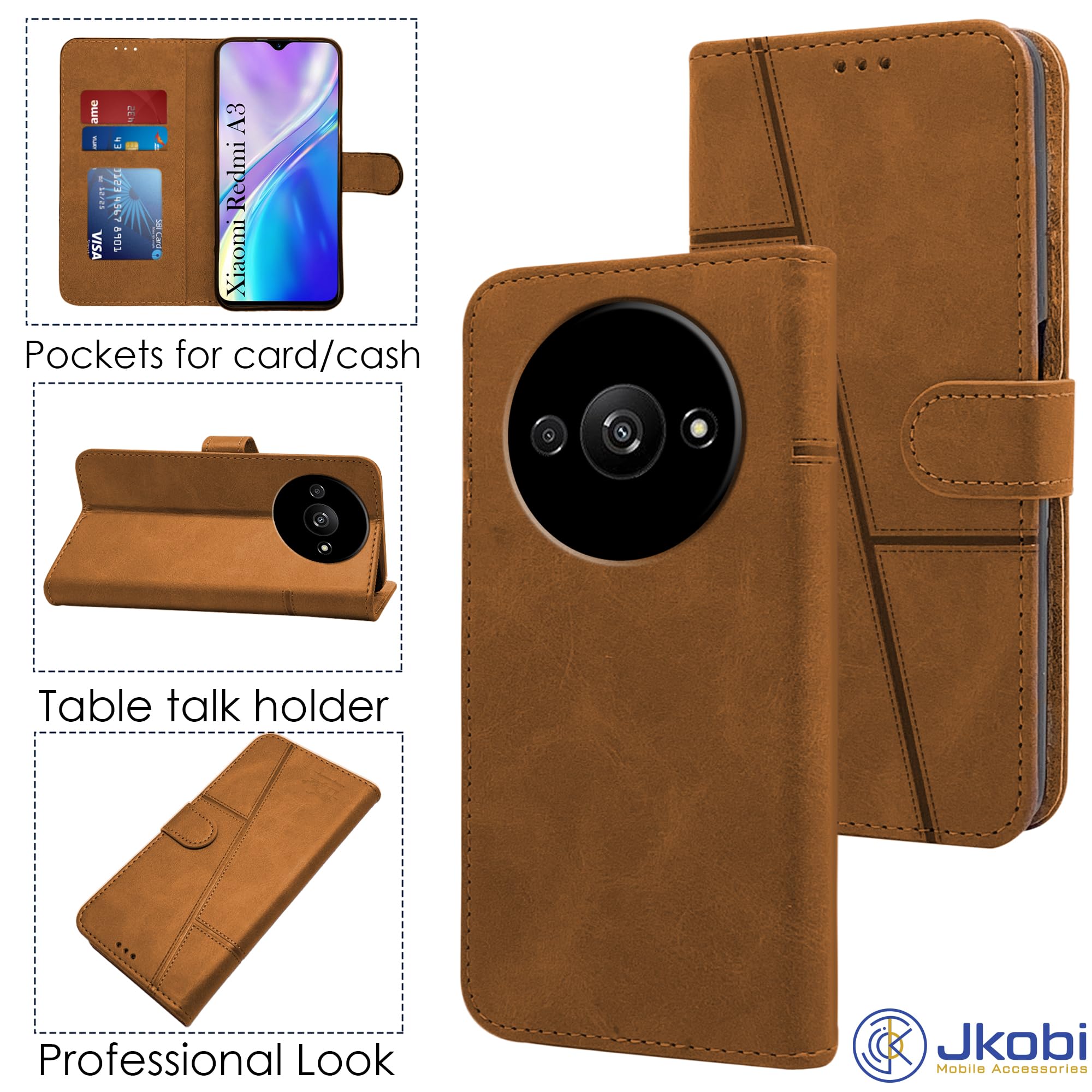 For Xiaomi Redmi A3 Flip Cover Case (Stitched Leather with Magnetic Closure)