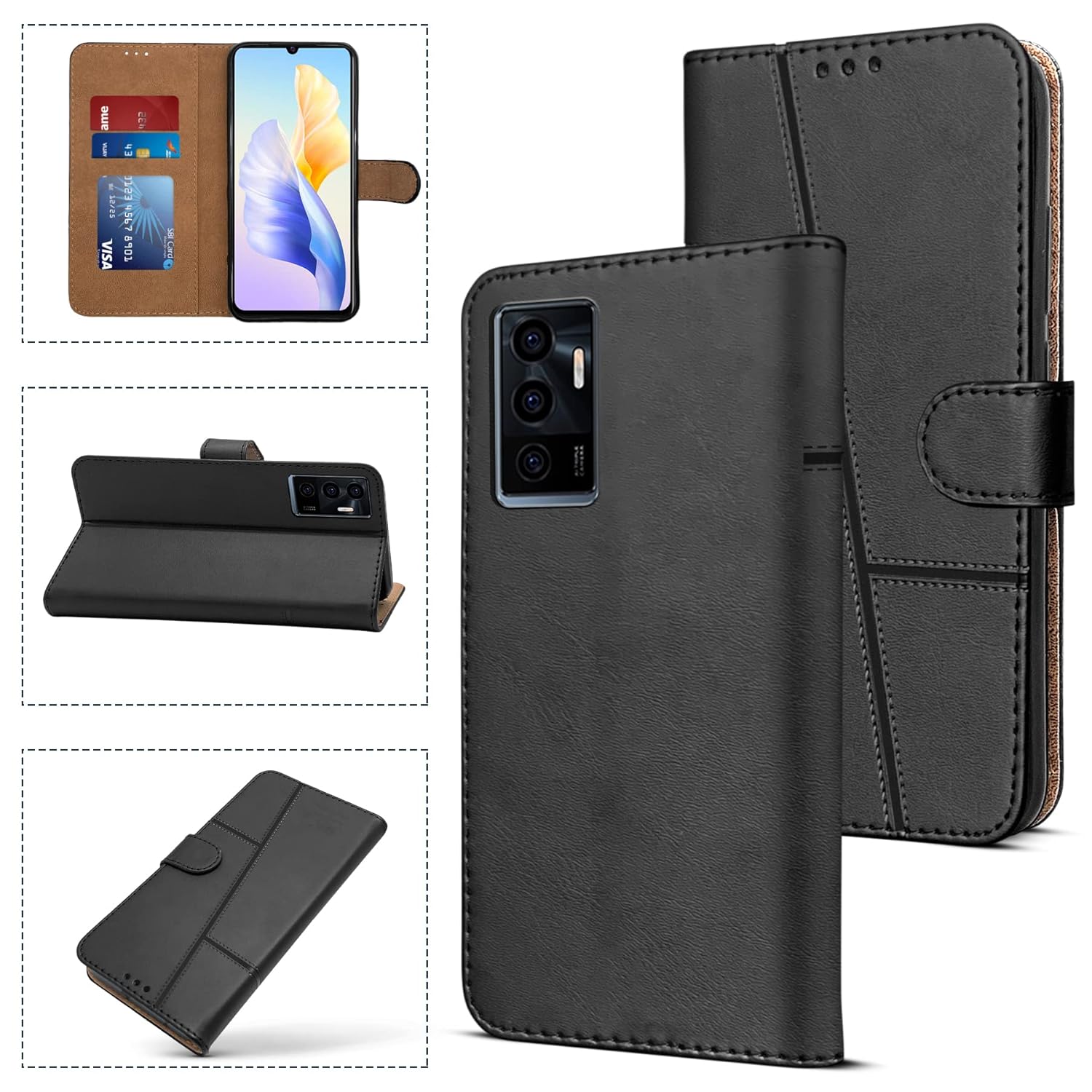 For Vivo Y75 4G Flip Cover Case (Stitched Leather Finish | Magnetic Closure | Inner TPU | Foldable Stand | Wallet Card Slots)
