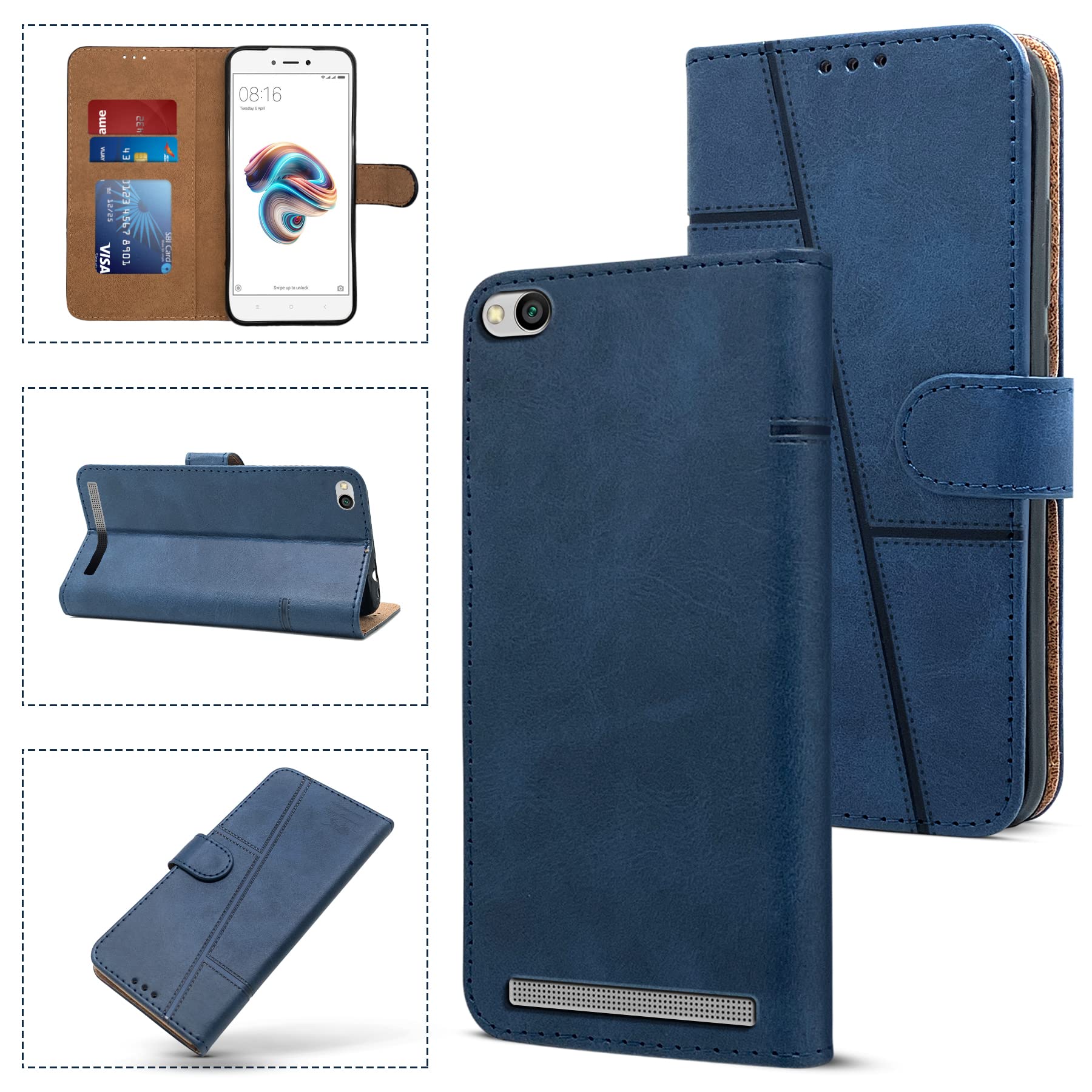 For Xiaomi Mi Redmi 5A Flip Cover Case (Stitched Leather Finish | Magnetic Closure | Inner TPU | Foldable Stand | Wallet Card Slots)
