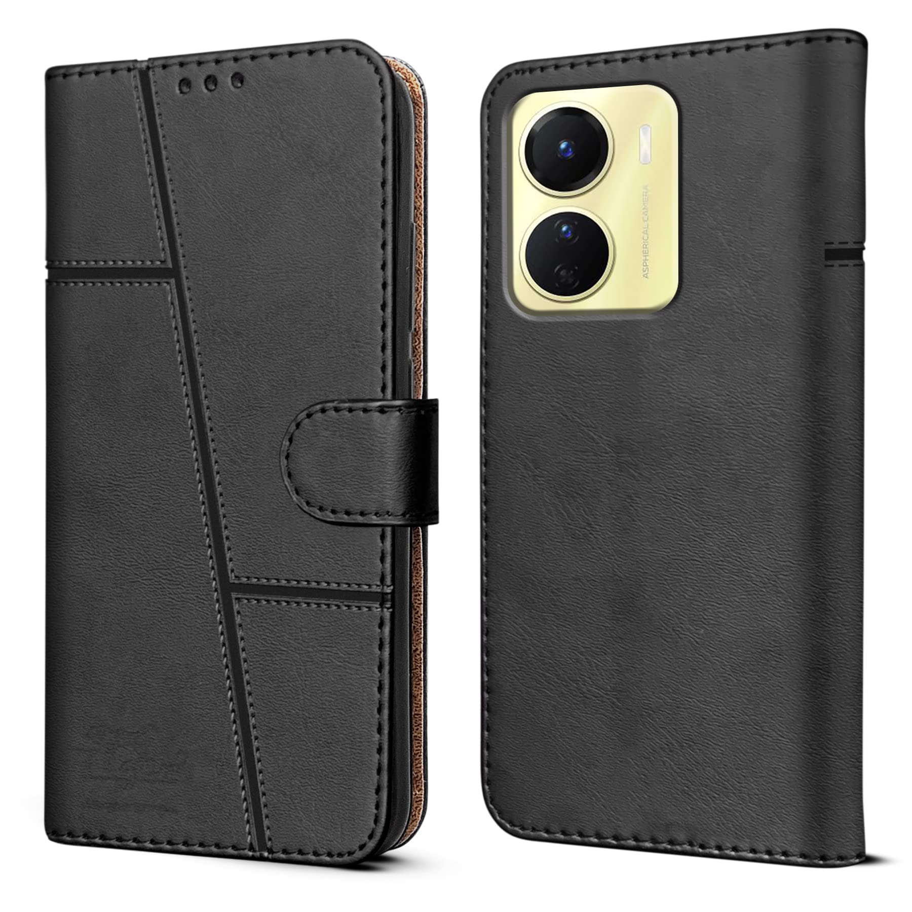 For Vivo Y16 Flip Cover Case (Stitched Leather Finish | Inner TPU | Foldable Stand | Wallet Card Slots)