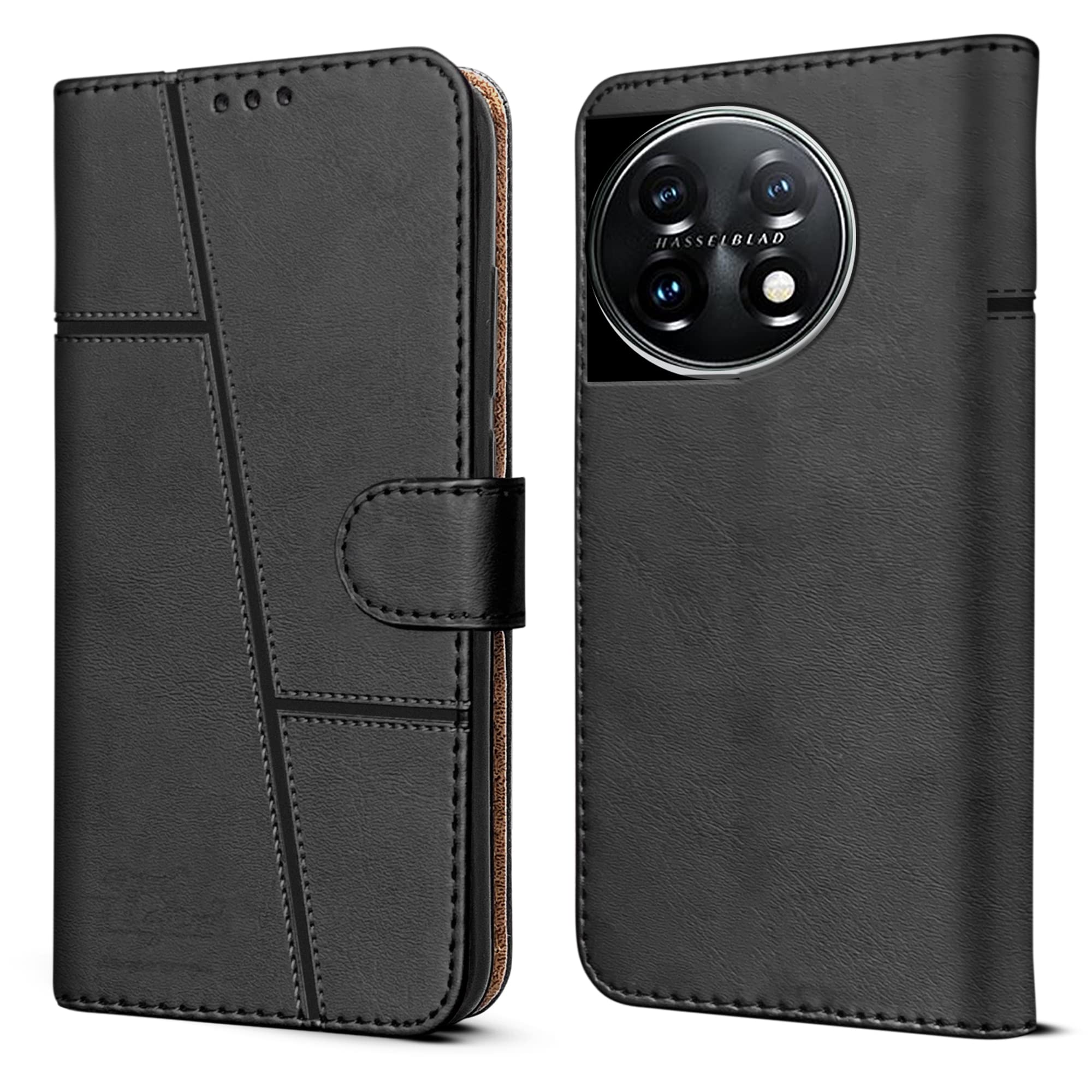 For OnePlus 11 5G Flip Cover Case (Stitched Leather with Magnetic Closure)