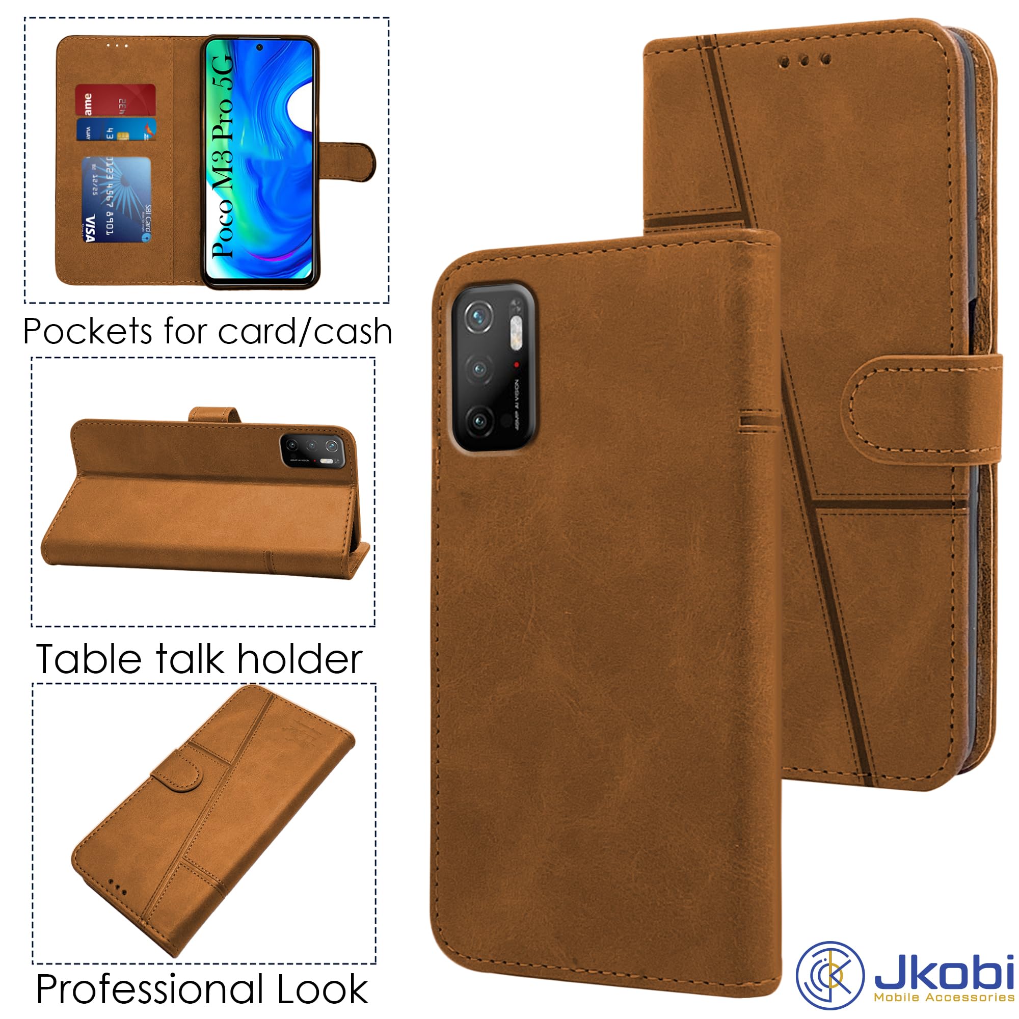 For Poco M3 Pro 5G Flip Cover Case (Stitched Leather with Magnetic Closure)