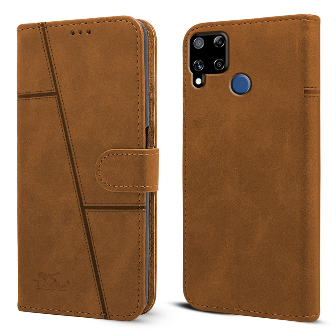 For Realme C15 Flip Cover Case (Stitched Leather with Magnetic Closure)