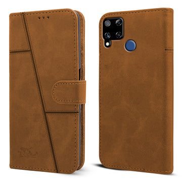 For Realme C15 Flip Cover Case (Stitched Leather with Magnetic Closure)
