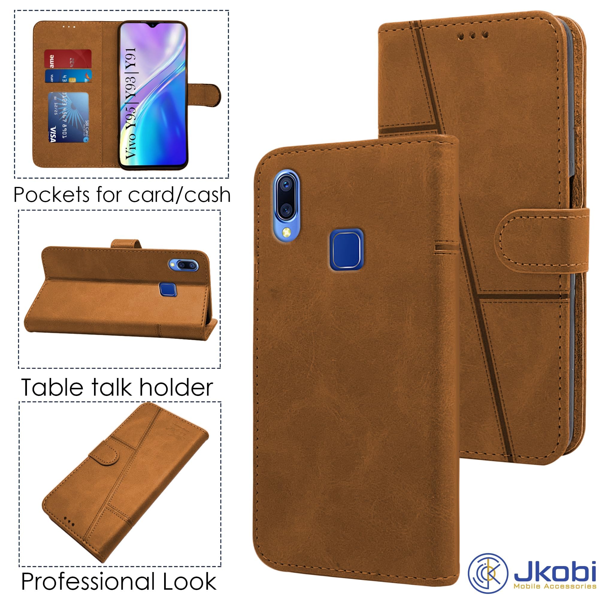 For Vivo Y95 | Vivo Y93 | Vivo Y91 Flip Cover Case (Stitched Leather Finish | Magnetic Closure | Inner TPU | Foldable Stand | Wallet Card Slots)