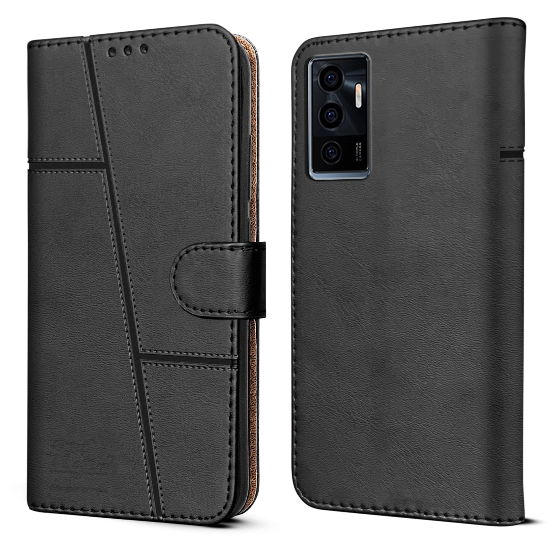 For Vivo Y75 4G Flip Cover Case (Stitched Leather Finish | Magnetic Closure | Inner TPU | Foldable Stand | Wallet Card Slots)