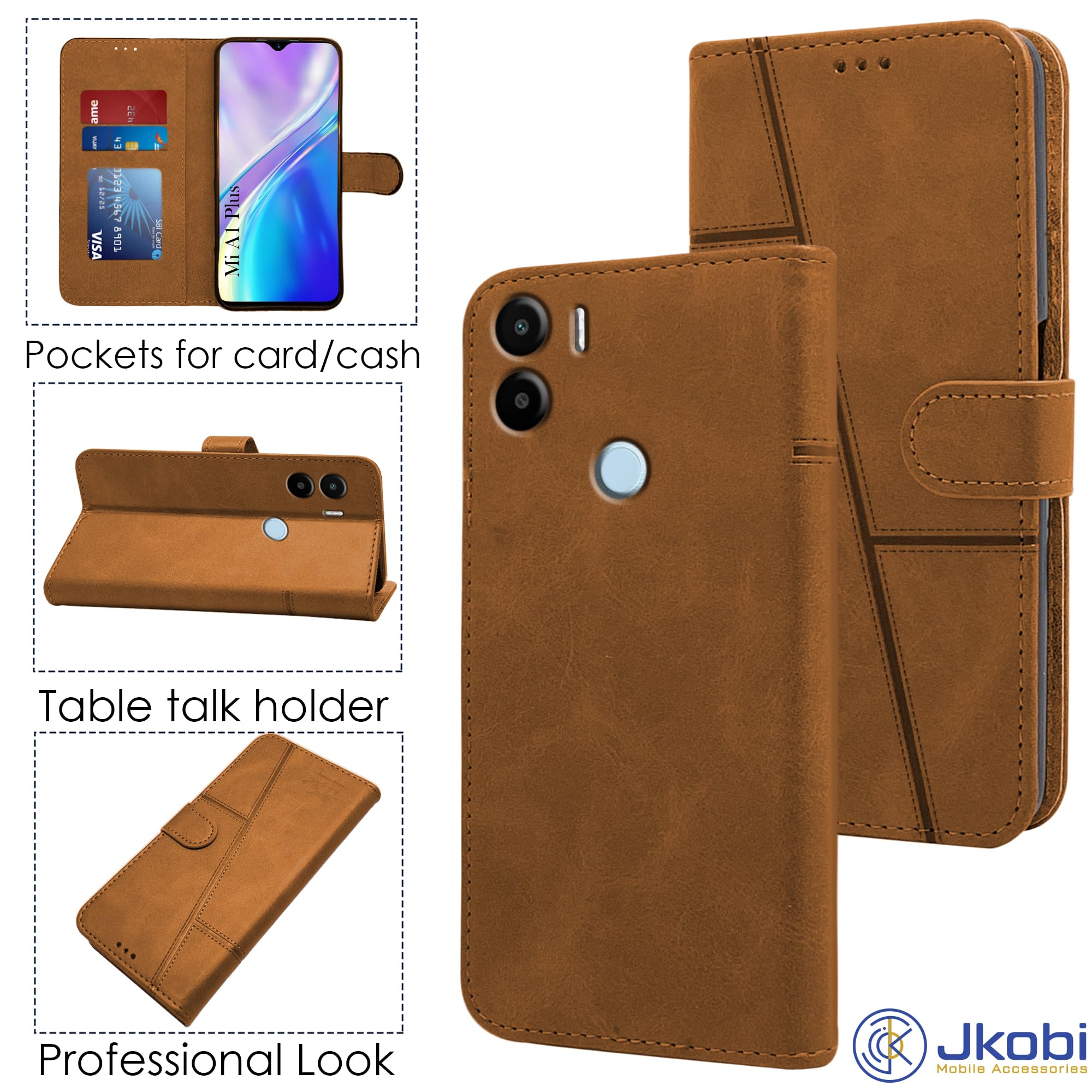 For Xiaomi Redmi A1 Plus | A2 Plus Flip Cover Case (Stitched Leather Finish | Inner TPU | Foldable Stand | Wallet Card Slots)