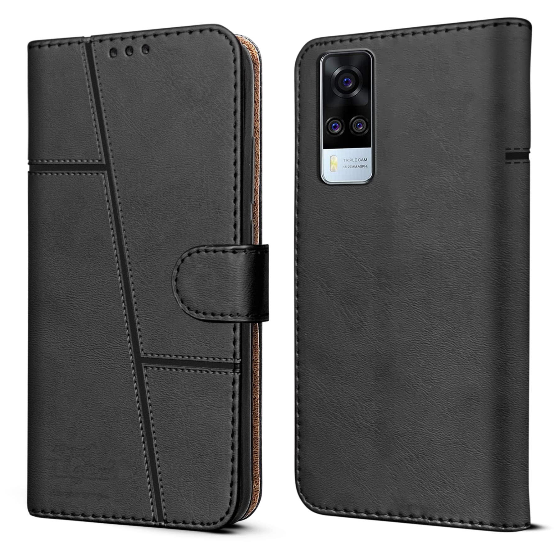 For Vivo Y31 (2021) Flip Cover Case (Stitched Leather Finish | Magnetic Closure | Inner TPU | Foldable Stand | Wallet Card Slots)