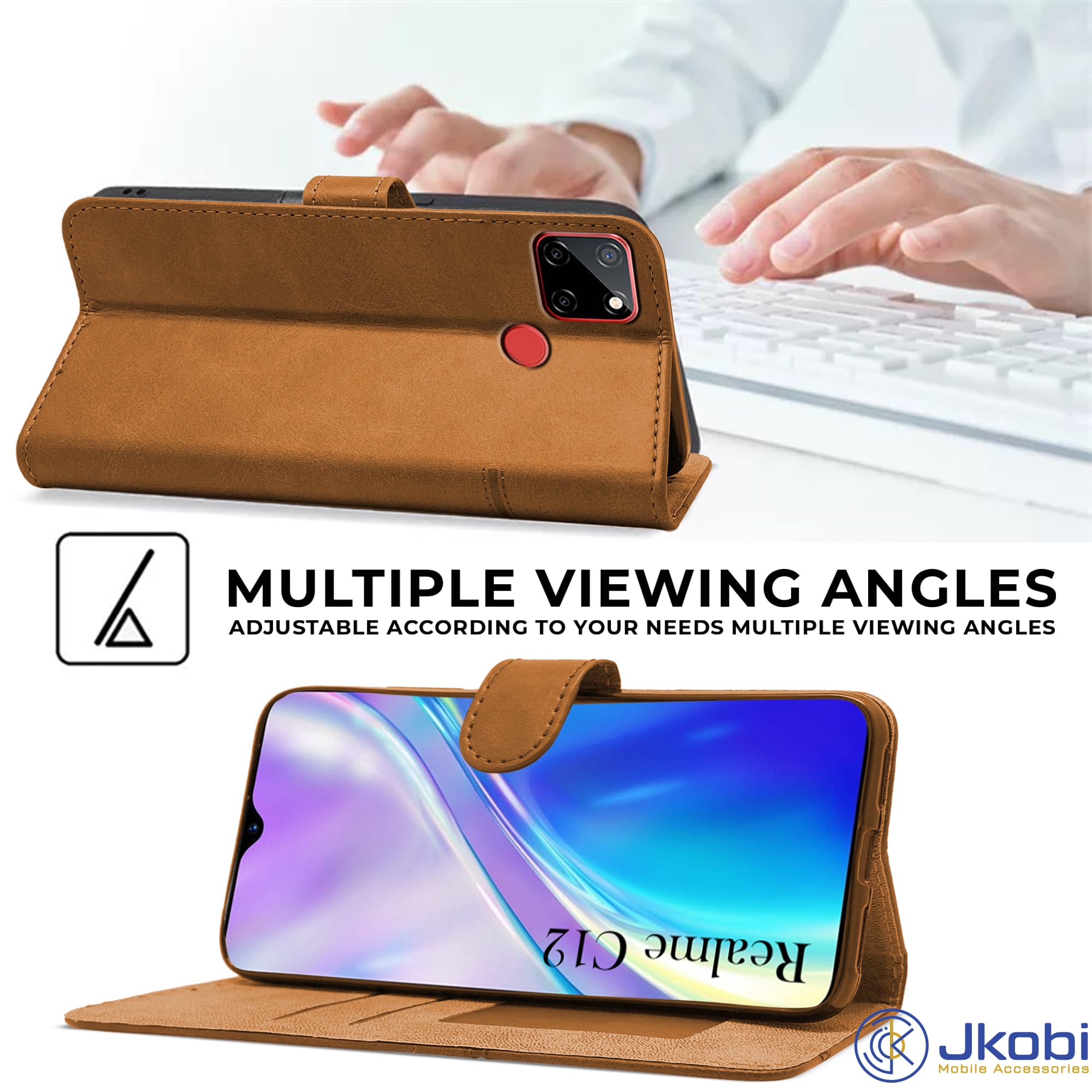 For Realme C12 Flip Cover Case (Stitched Leather with Magnetic Closure)